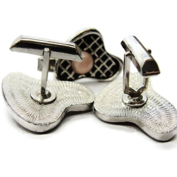 Pink Black & Silver-Tone Cufflinks & Clasp Checkered Set Tux Shirt Suit Vtg - Picture 7 of 8